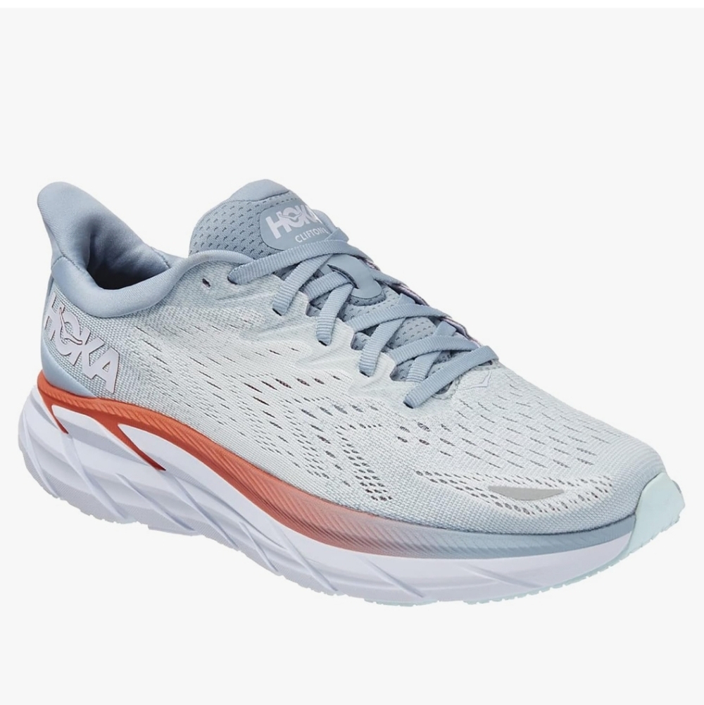HOKA One One Clifton 8 Running Shoe, Size 7B, White And Orange,‎ Standard Width
